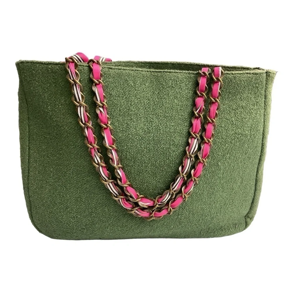 Vintage Limited Edition Green Tweed Goldie Bag Purse Chain Pockets Barbiecore